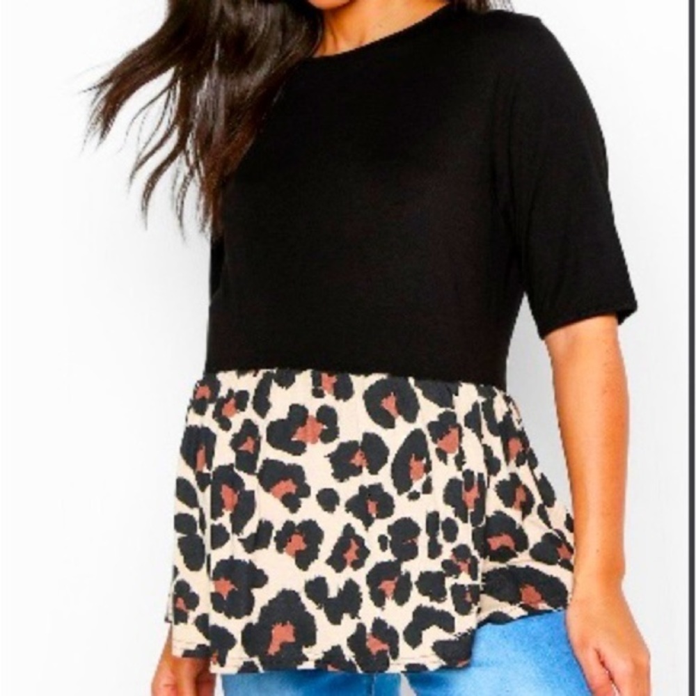 Women’s Maternity cheetah print peplum short sleeve cotton blouse black & beige